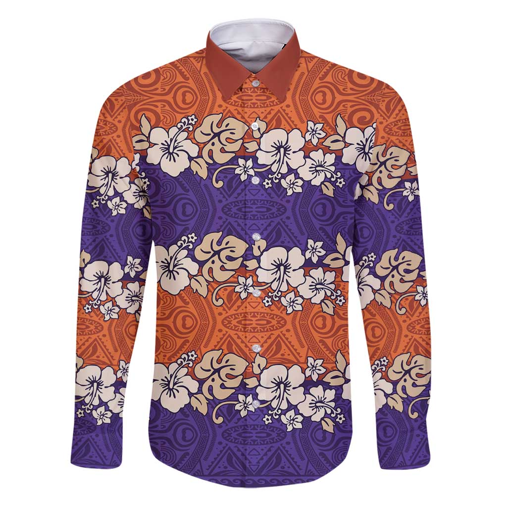Hawaiian Hibiscus Family Matching Puletasi and Hawaiian Shirt Orange and Purple Unique LT01 Dad's Shirt - Long Sleeve Orange - Polynesian Pride