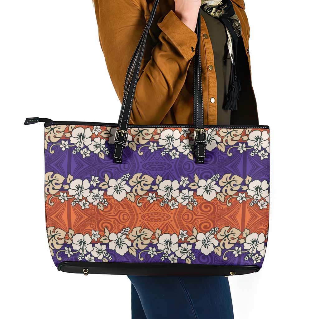 Hawaiian Hibiscus Leather Tote Bag Orange and Purple Unique LT01 - Polynesian Pride