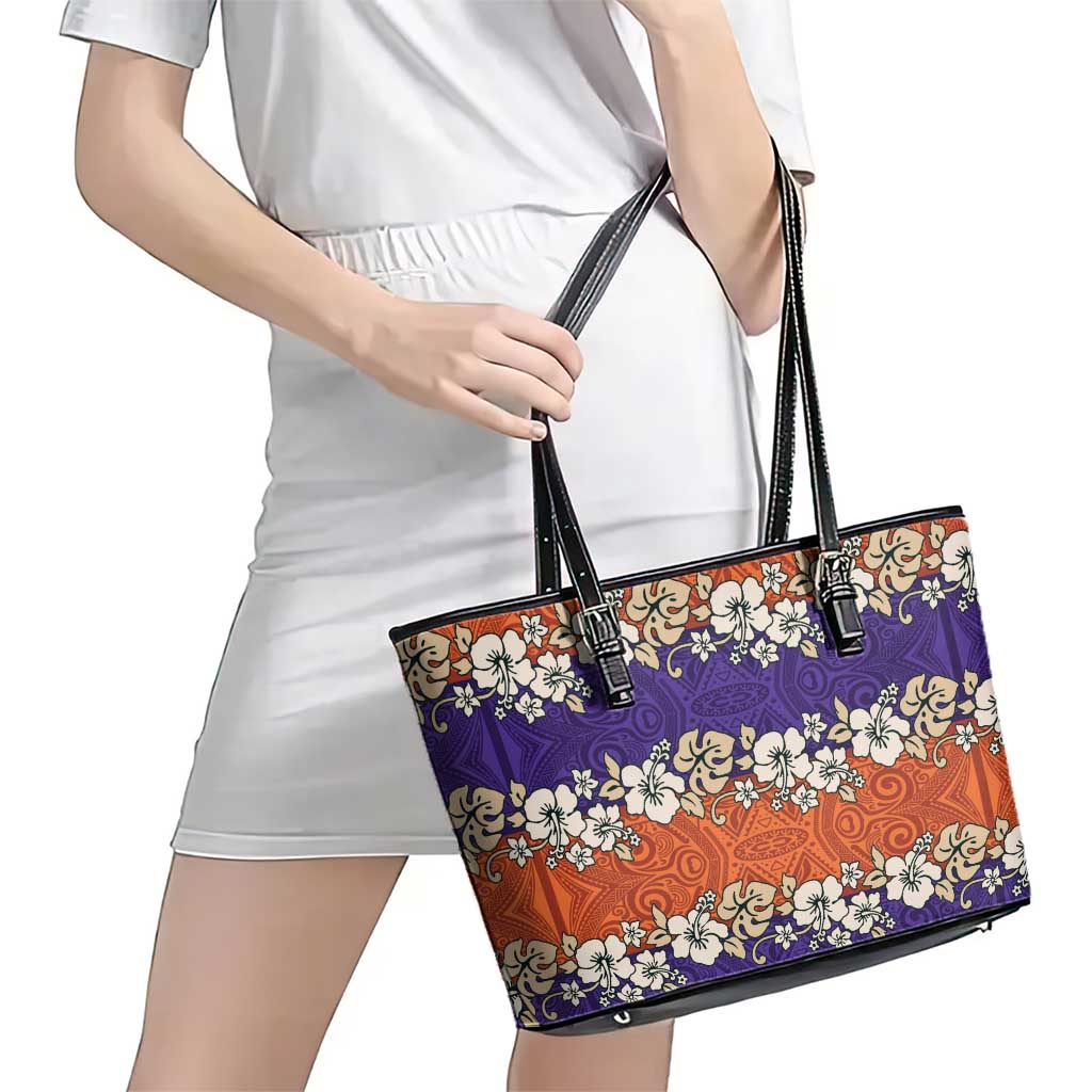 Hawaiian Hibiscus Leather Tote Bag Orange and Purple Unique LT01 - Polynesian Pride