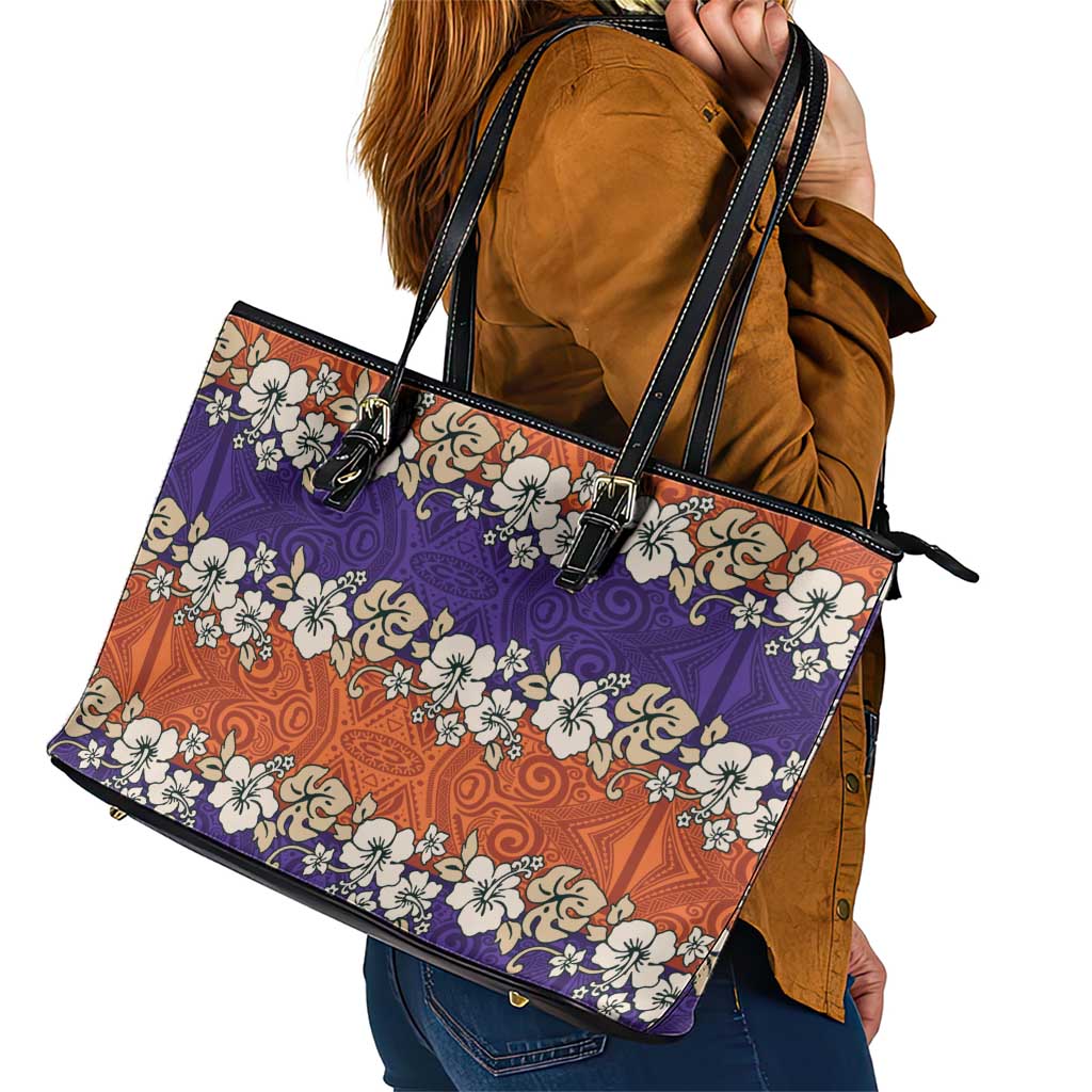 Hawaiian Hibiscus Leather Tote Bag Orange and Purple Unique LT01 - Polynesian Pride