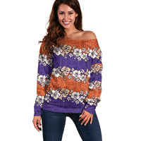 Hawaiian Hibiscus Off Shoulder Sweater Orange and Purple Unique LT01 Women Orange - Polynesian Pride