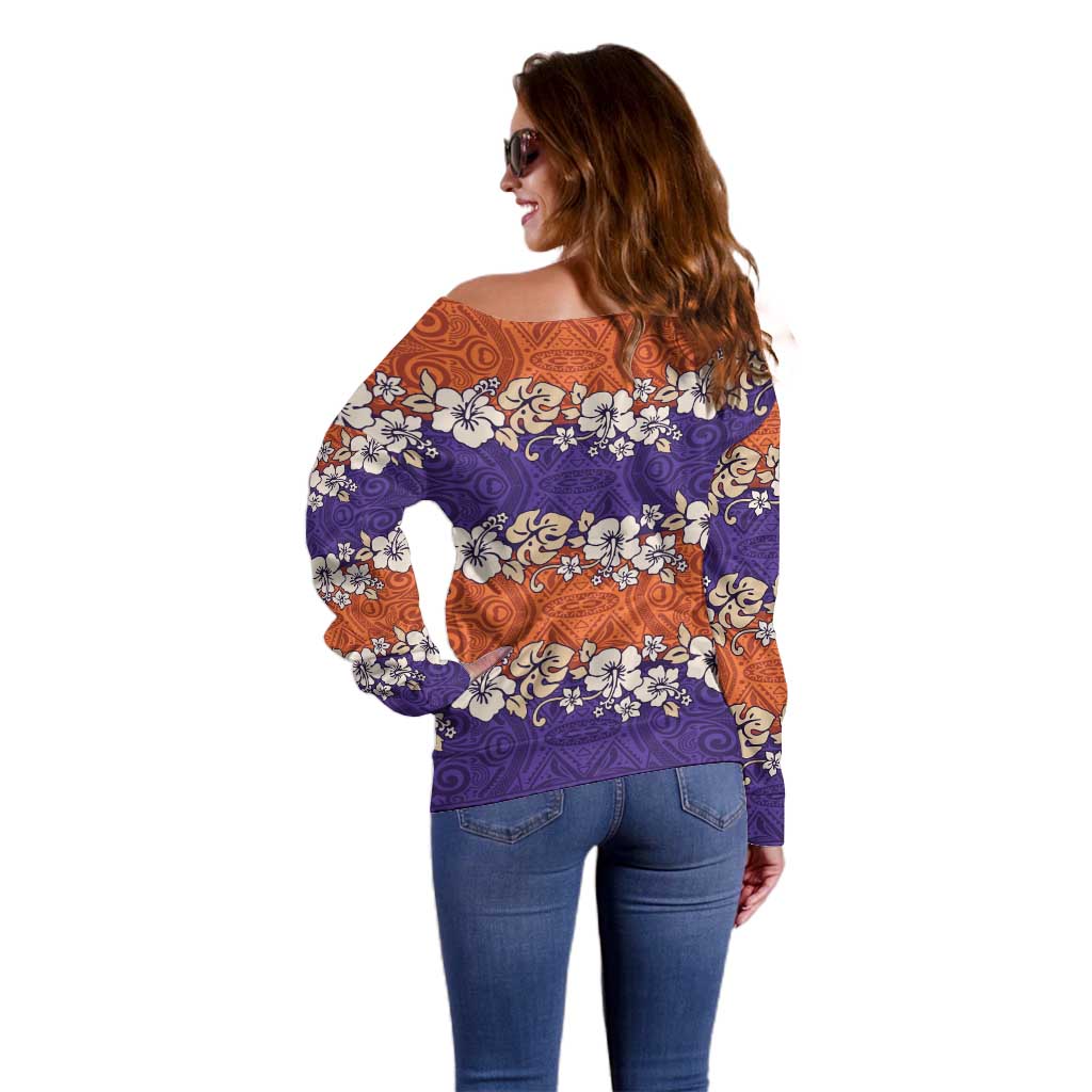 Hawaiian Hibiscus Off Shoulder Sweater Orange and Purple Unique LT01 - Polynesian Pride
