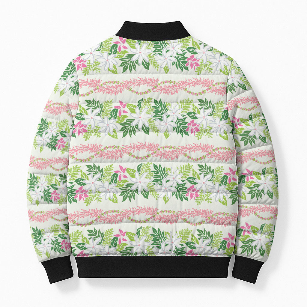 Monstera Tiare Plumeria Lei Pattern Bomber Puffer Jacket Green Version LT01 - Polynesian Pride