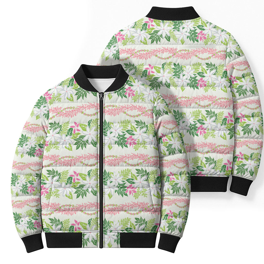 Monstera Tiare Plumeria Lei Pattern Bomber Puffer Jacket Green Version LT01 - Polynesian Pride