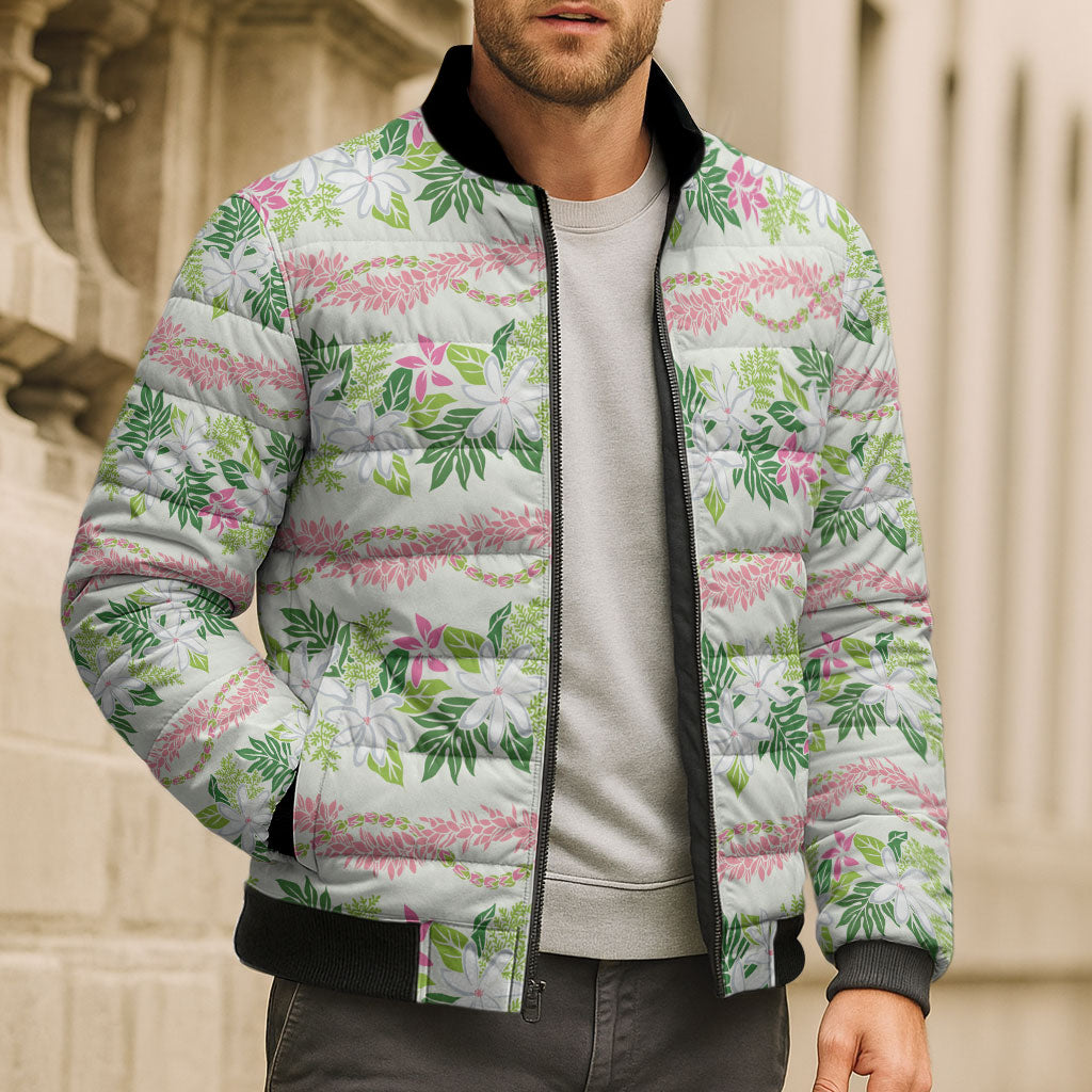 Monstera Tiare Plumeria Lei Pattern Bomber Puffer Jacket Green Version LT01 - Polynesian Pride