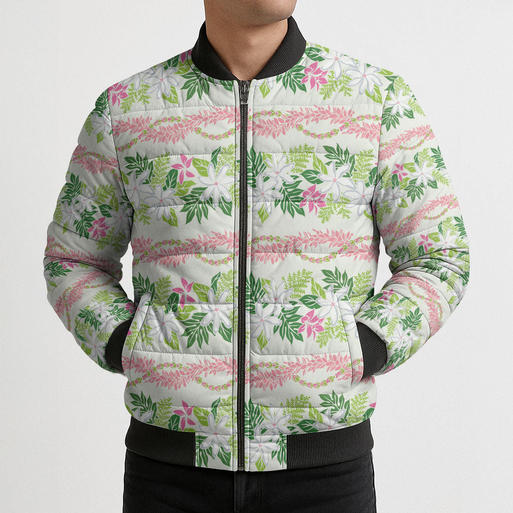 Monstera Tiare Plumeria Lei Pattern Bomber Puffer Jacket Green Version LT01 - Polynesian Pride