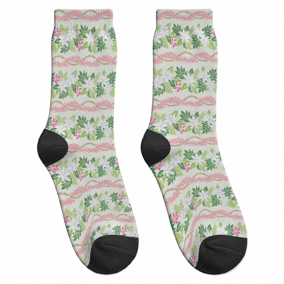 Monstera Tiare Plumeria Lei Pattern Crew Socks Green Version