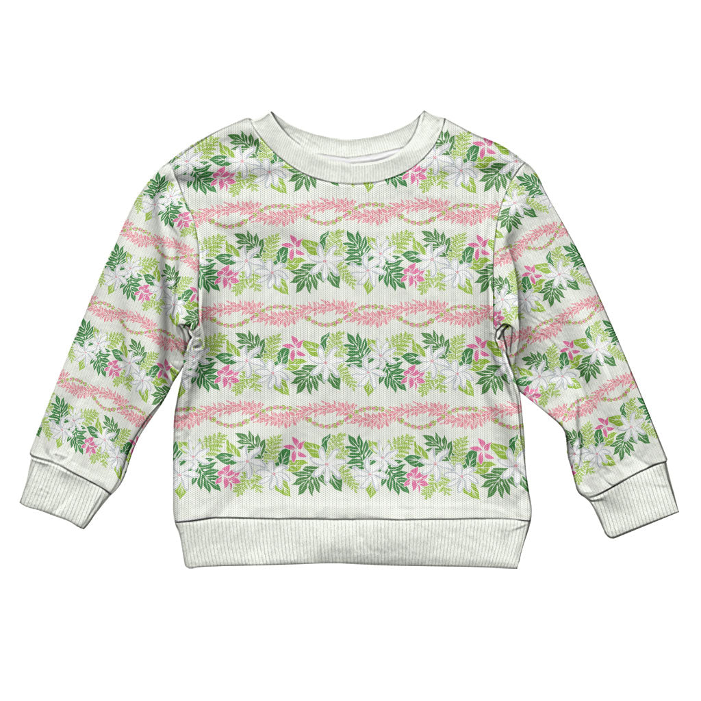 Monstera Tiare Plumeria Lei Pattern Kid Ugly Christmas Sweater Green Version