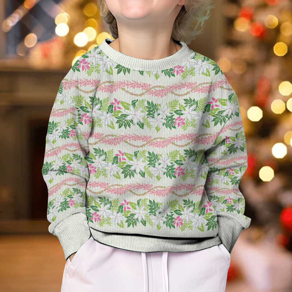 Monstera Tiare Plumeria Lei Pattern Kid Ugly Christmas Sweater Green Version LT01 - Polynesian Pride