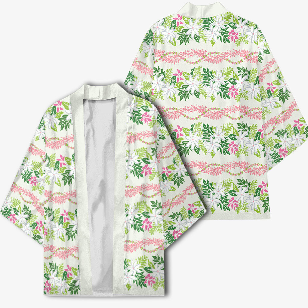Monstera Tiare Plumeria Lei Pattern Kimono Green Version LT01 - Polynesian Pride