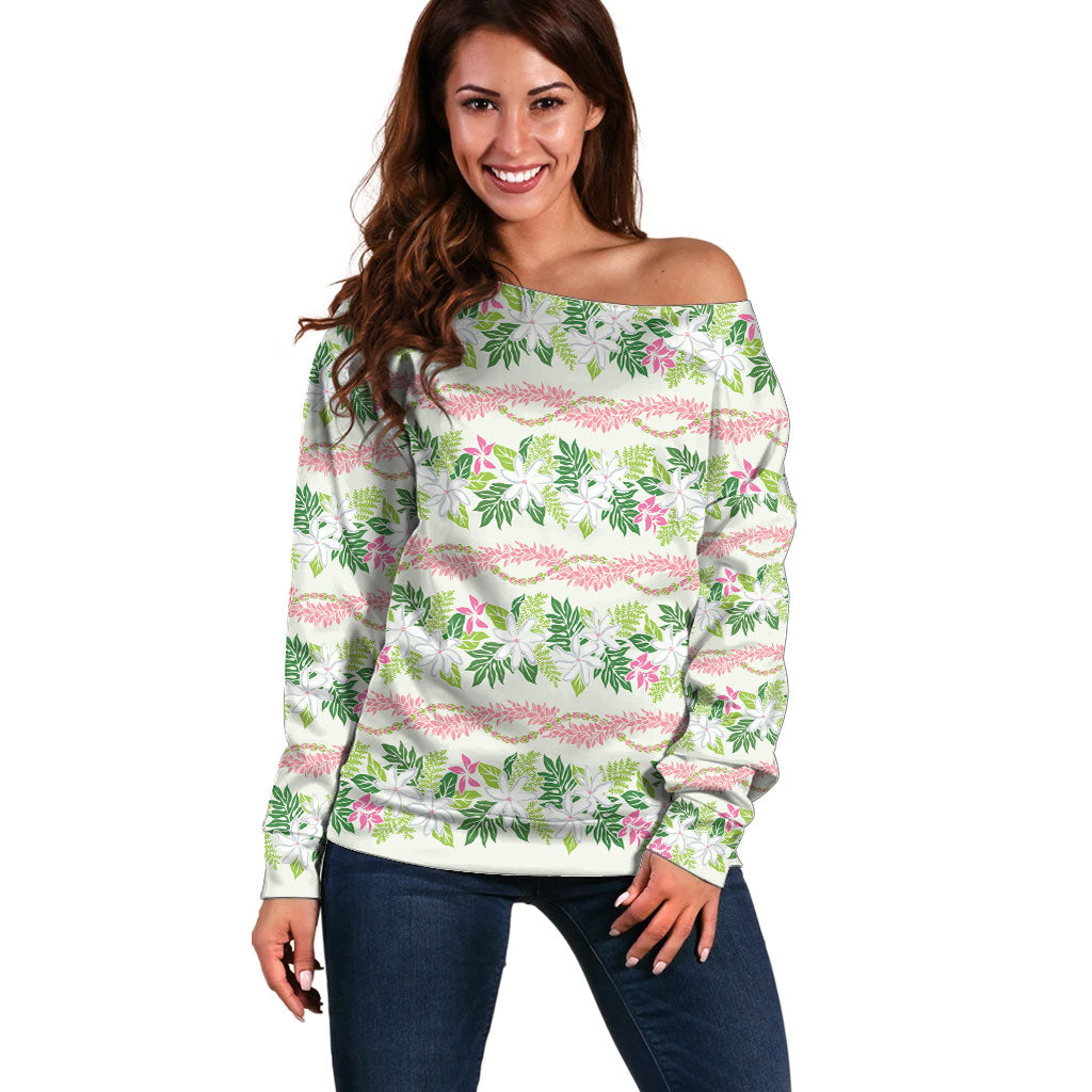Monstera Tiare Plumeria Lei Pattern Off Shoulder Sweater Green Version