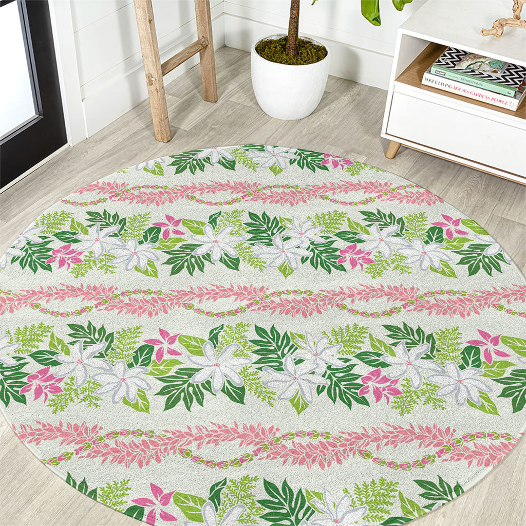 Monstera Tiare Plumeria Lei Pattern Round Carpet Green Version