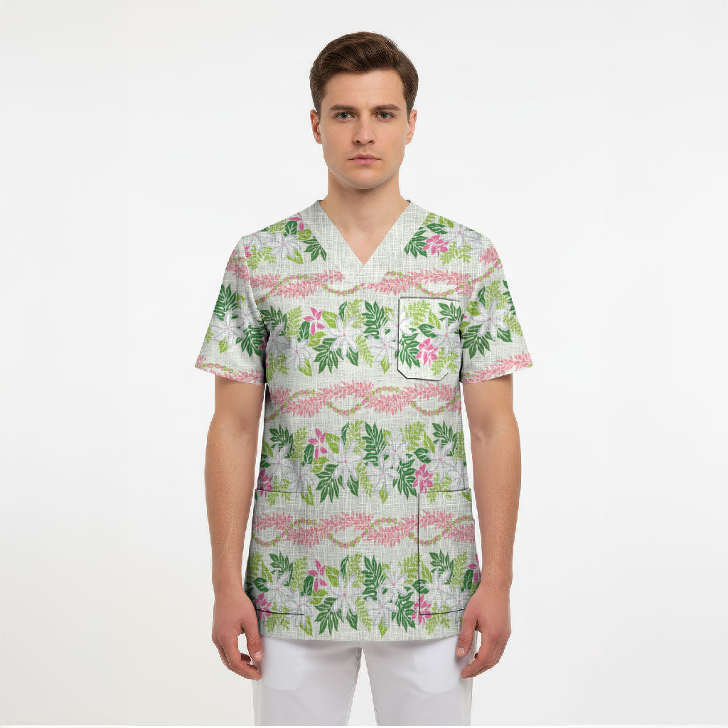 Monstera Tiare Plumeria Lei Pattern Scrub Top Green Version LT01 - Polynesian Pride