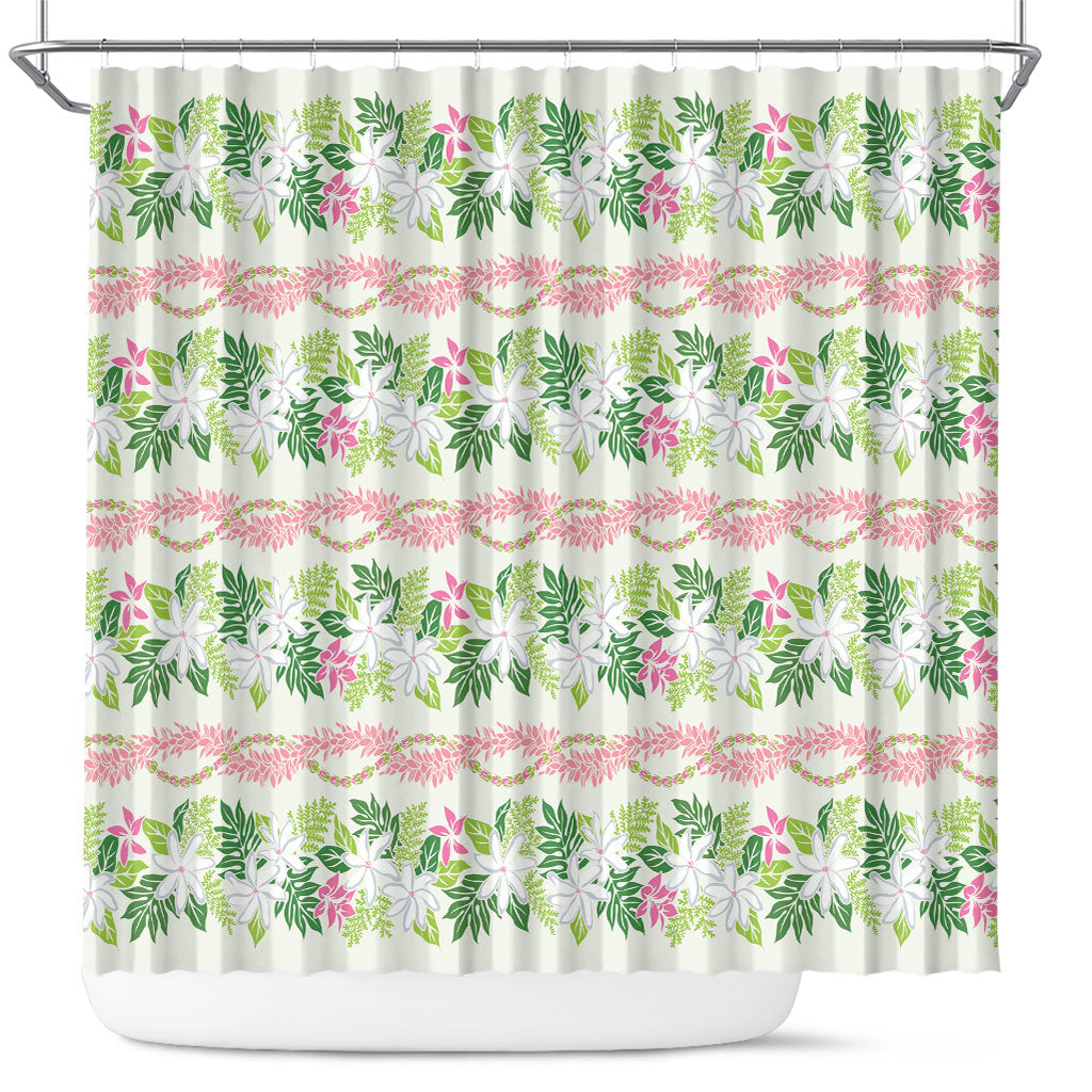 Monstera Tiare Plumeria Lei Pattern Shower Curtain Green Version