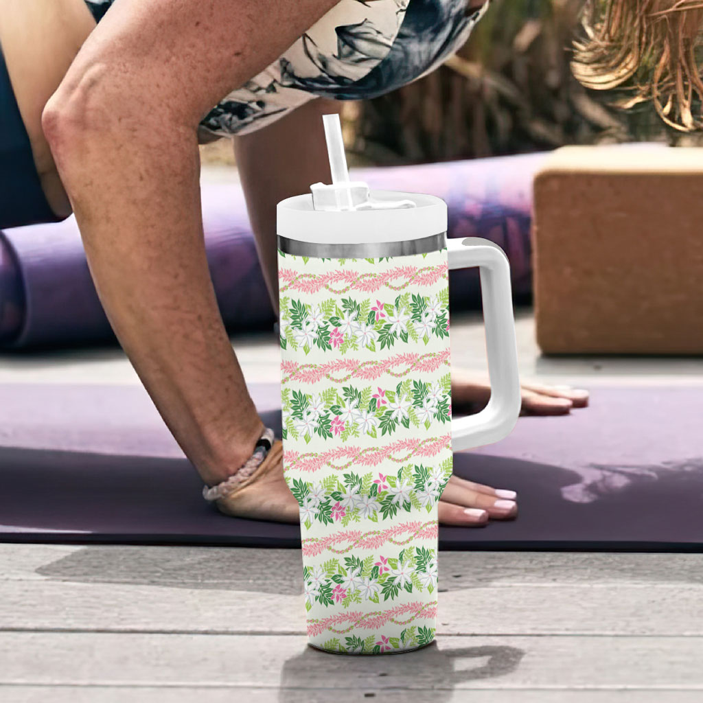 Monstera Tiare Plumeria Lei Pattern Tumbler With Handle Green Version LT01 - Polynesian Pride
