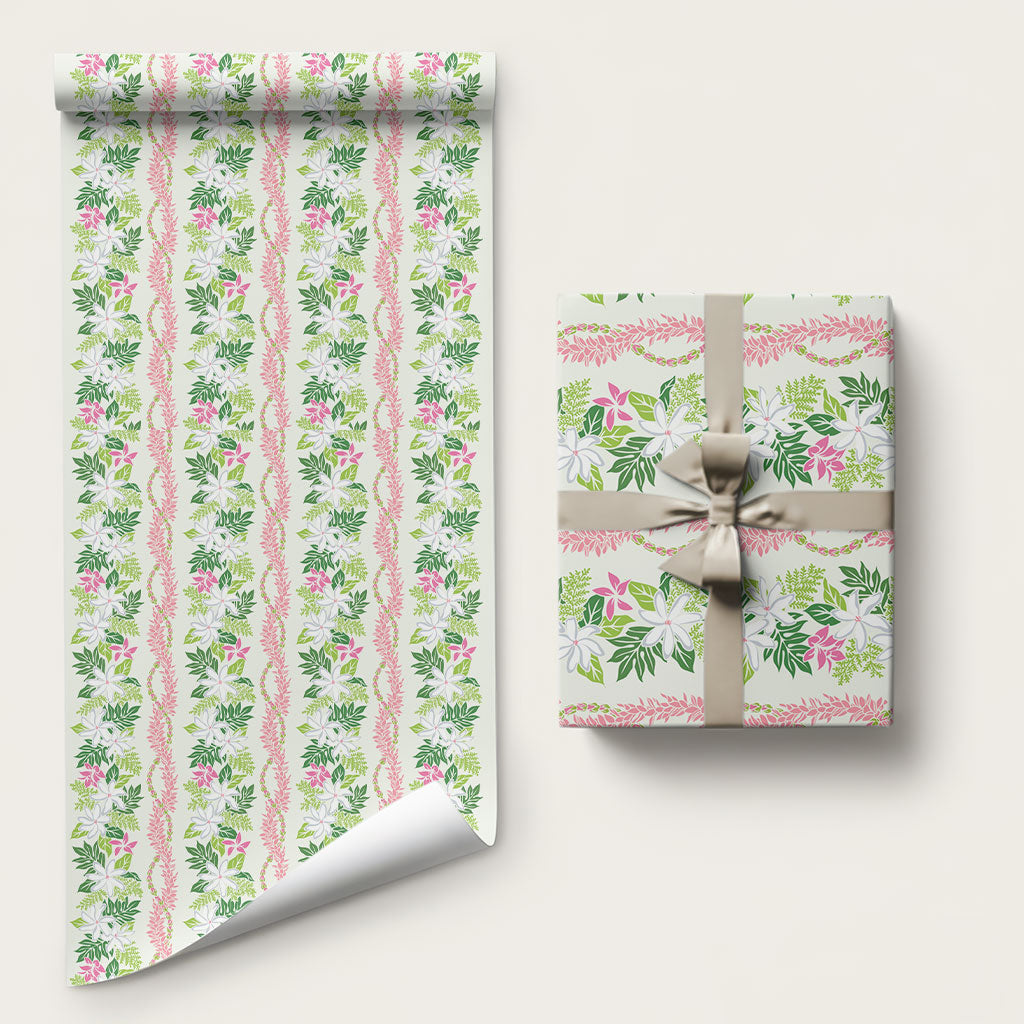 Monstera Tiare Plumeria Lei Pattern Wrapping Paper Green Version