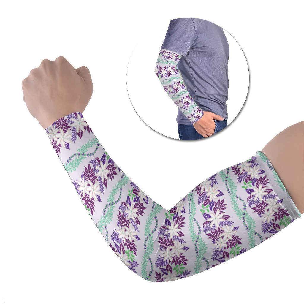 Monstera Tiare Plumeria Lei Pattern Arm Sleeves Purple Version