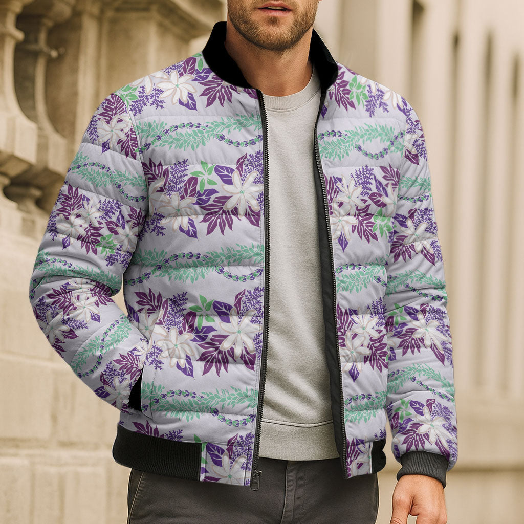 Monstera Tiare Plumeria Lei Pattern Bomber Puffer Jacket Purple Version LT01 - Polynesian Pride