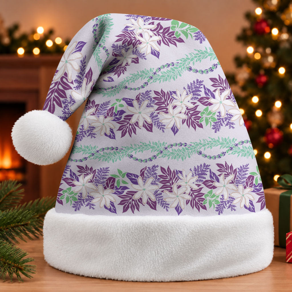 Monstera Tiare Plumeria Lei Pattern Christmas Santa Hat Purple Version LT01 Without Fur Purple - Polynesian Pride