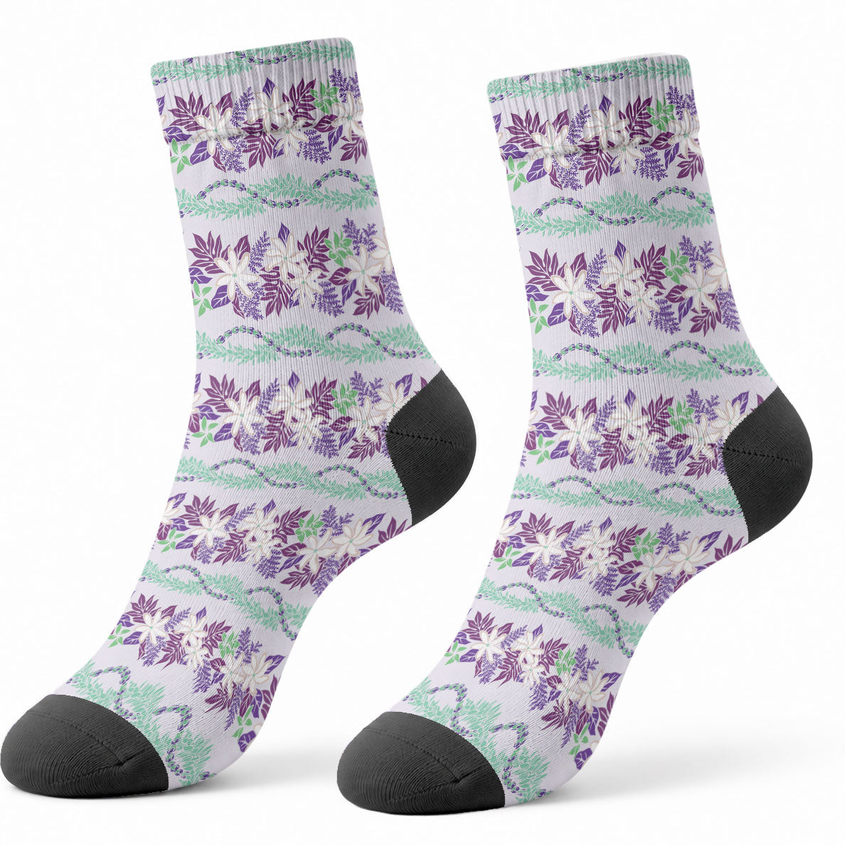 Monstera Tiare Plumeria Lei Pattern Crew Socks Purple Version
