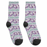 Monstera Tiare Plumeria Lei Pattern Crew Socks Purple Version