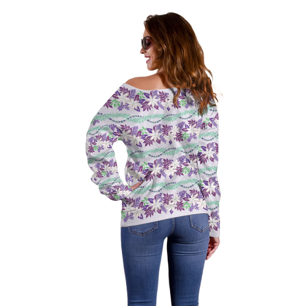Monstera Tiare Plumeria Lei Pattern Off Shoulder Sweater Purple Version LT01 - Polynesian Pride