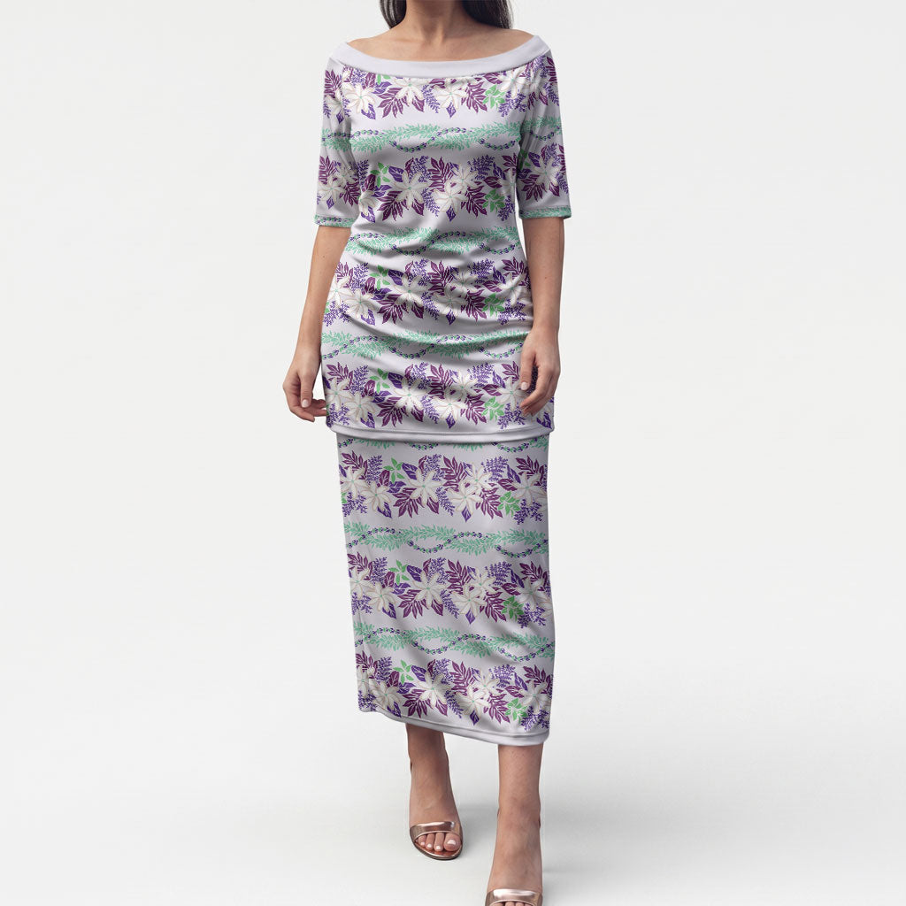 Monstera Tiare Plumeria Lei Pattern Puletasi Purple Version LT01 Long Dress Purple - Polynesian Pride