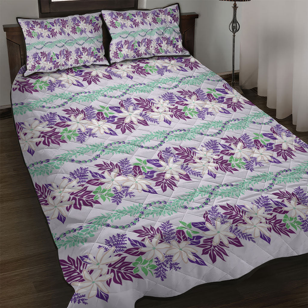 Monstera Tiare Plumeria Lei Pattern Quilt Bed Set Purple Version