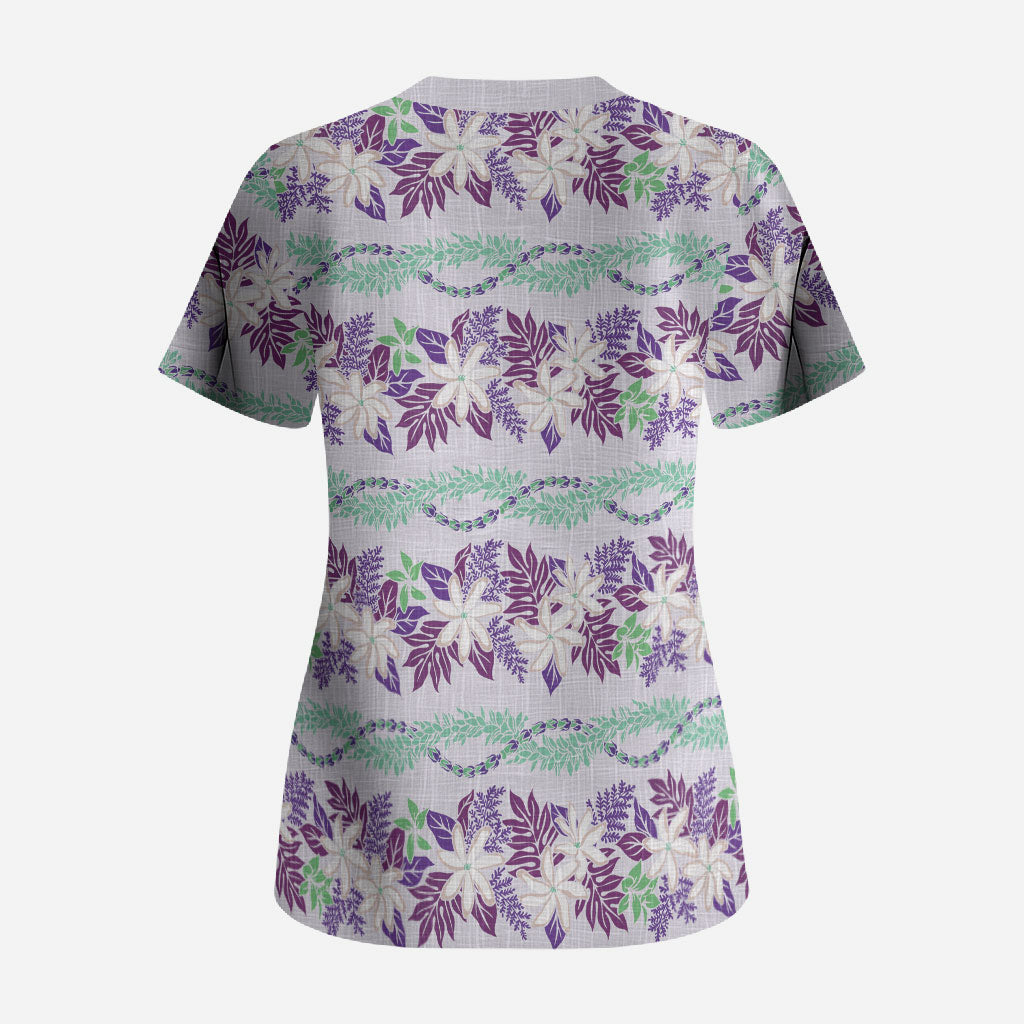 Monstera Tiare Plumeria Lei Pattern Scrub Top Purple Version LT01 - Polynesian Pride