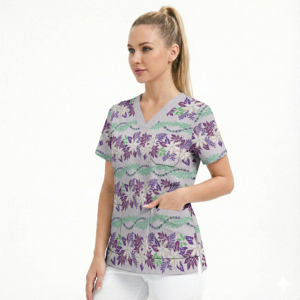 Monstera Tiare Plumeria Lei Pattern Scrub Top Purple Version LT01 - Polynesian Pride