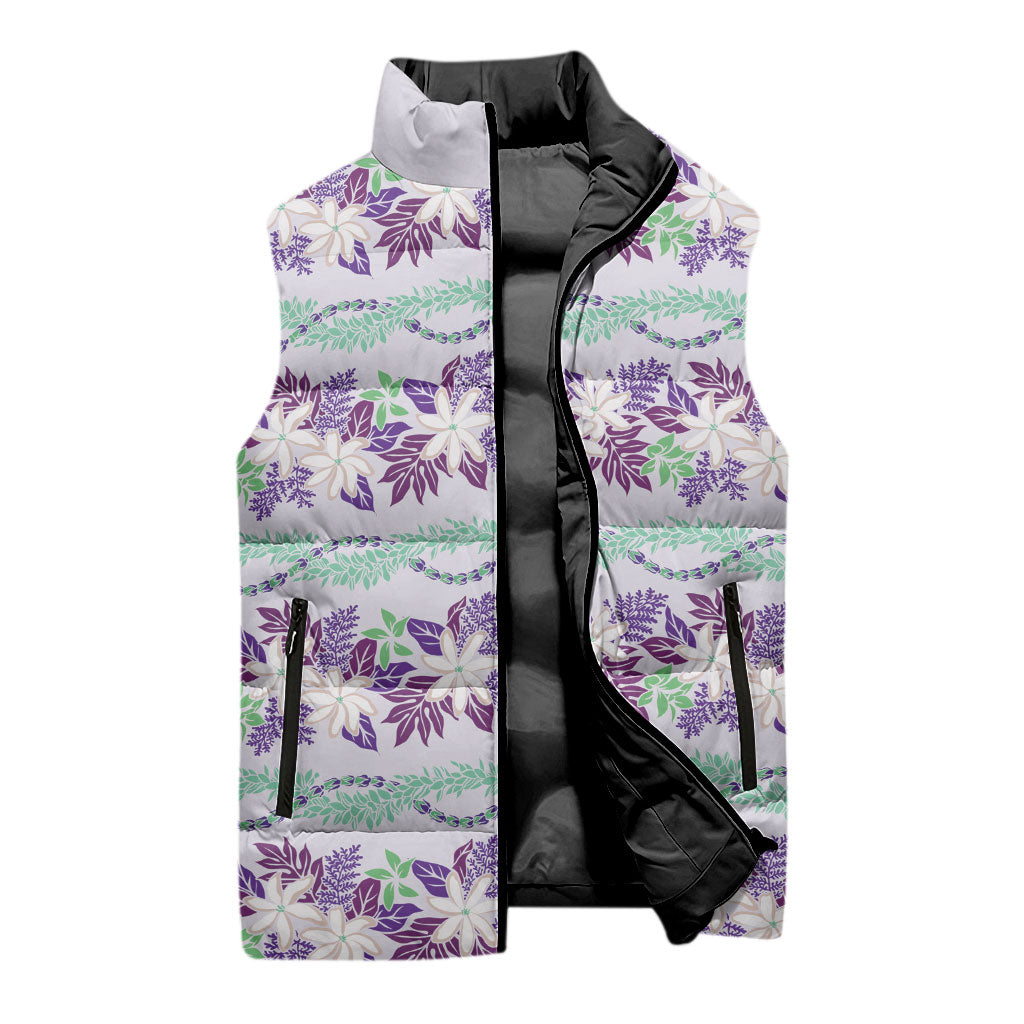 Monstera Tiare Plumeria Lei Pattern Sleeveless Puffer Jacket Purple Version LT01 - Polynesian Pride