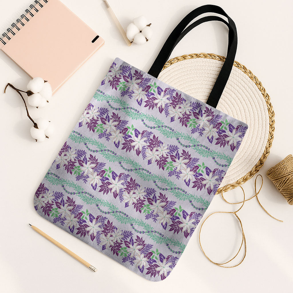 Monstera Tiare Plumeria Lei Pattern Tote Bag Purple Version