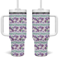 Monstera Tiare Plumeria Lei Pattern Tumbler With Handle Purple Version LT01 One Size: 40 oz Purple - Polynesian Pride