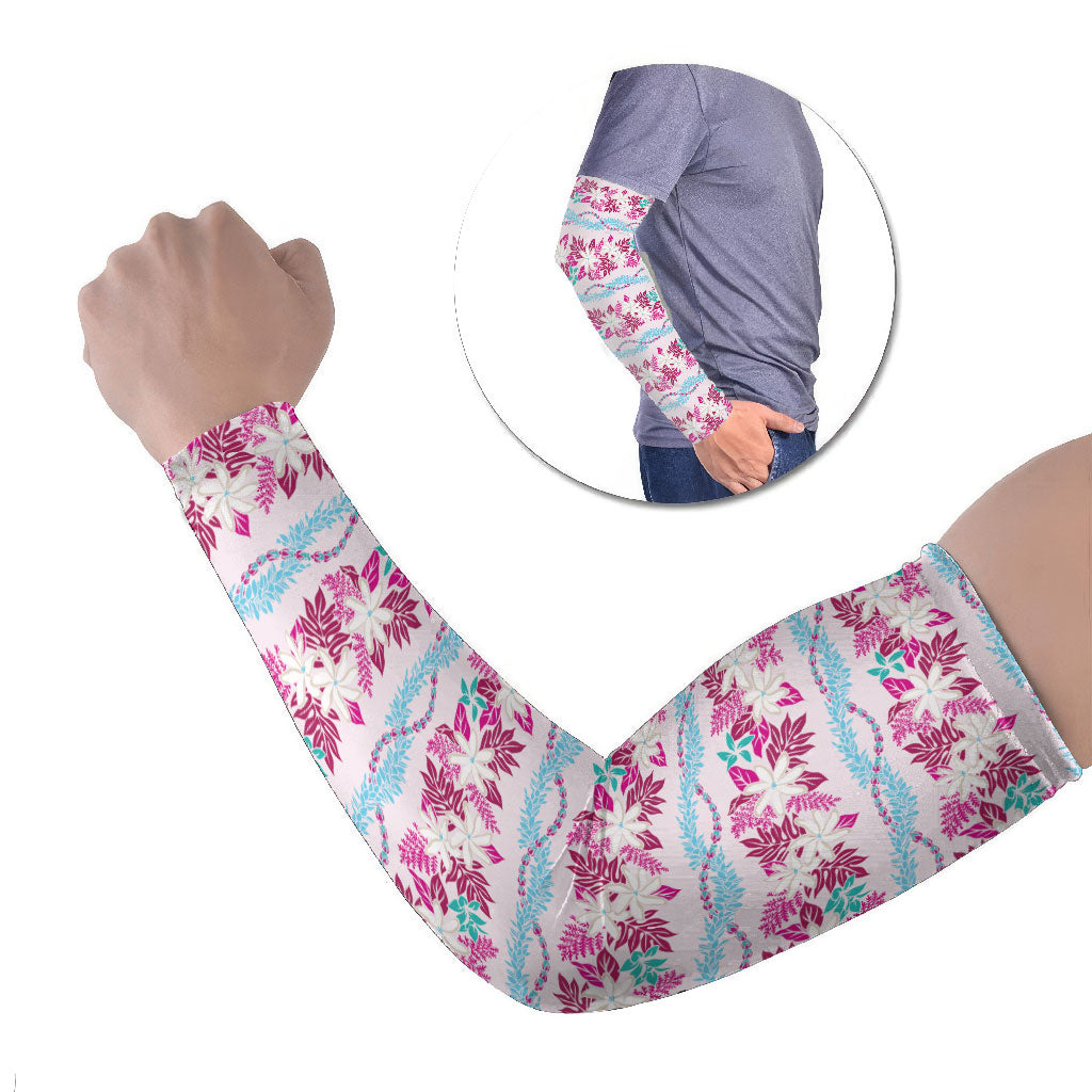 Monstera Tiare Plumeria Lei Pattern Arm Sleeves Pink Version