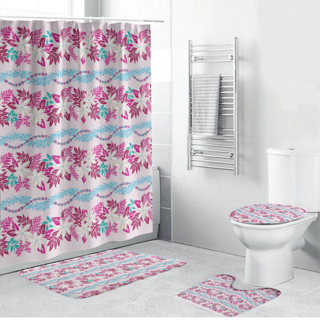 Monstera Tiare Plumeria Lei Pattern Bathroom Set Pink Version LT01 Bathroom Set (4 pcs) Pink - Polynesian Pride