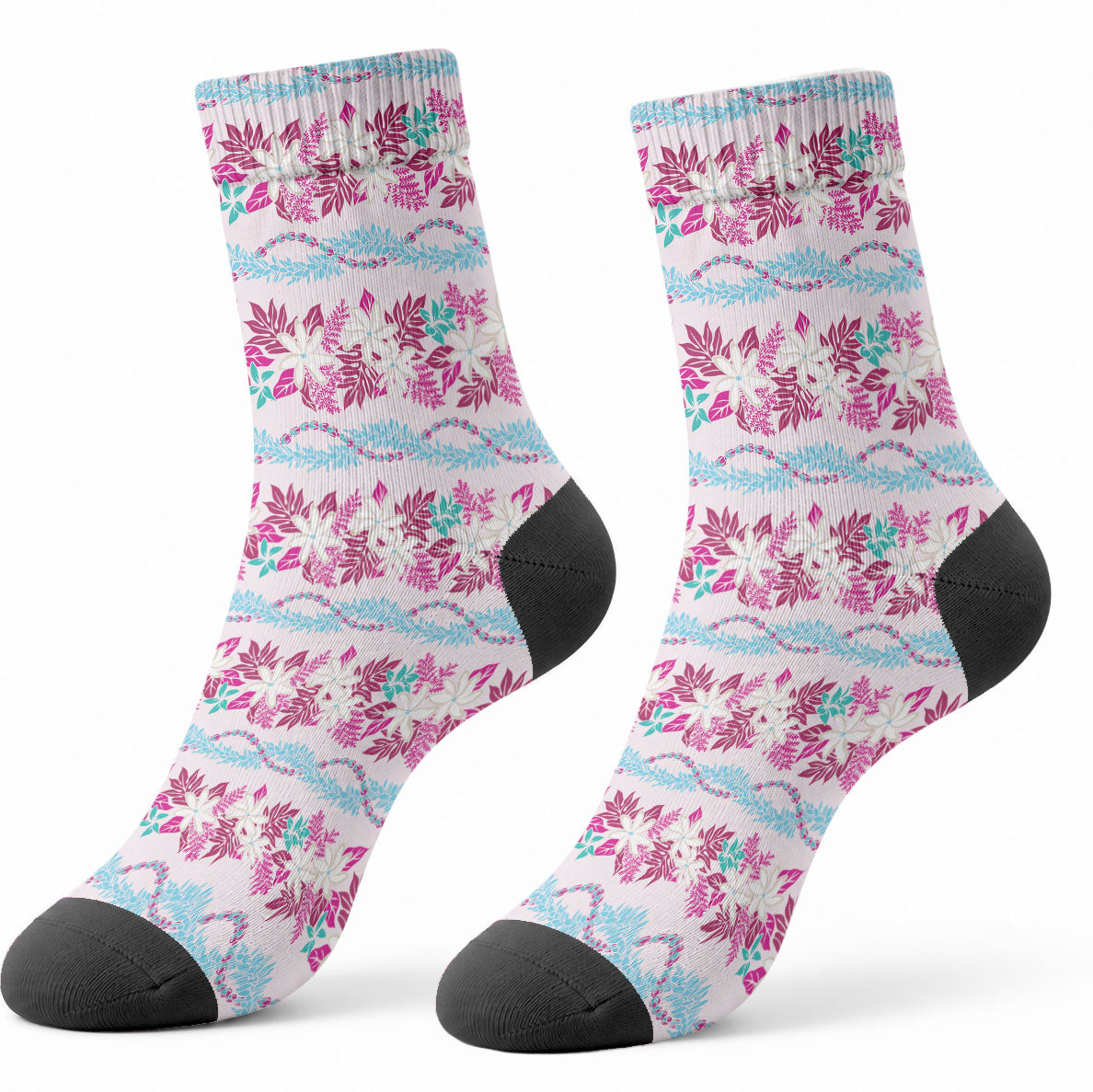 Monstera Tiare Plumeria Lei Pattern Crew Socks Pink Version