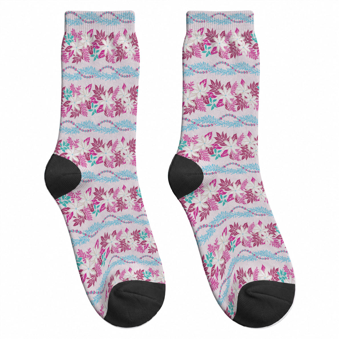 Monstera Tiare Plumeria Lei Pattern Crew Socks Pink Version