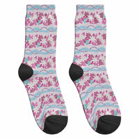Monstera Tiare Plumeria Lei Pattern Crew Socks Pink Version