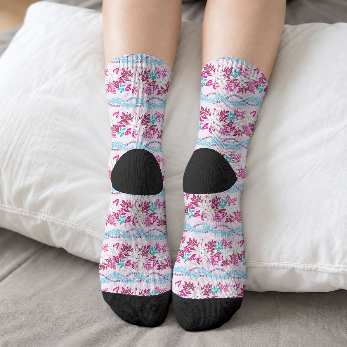 Monstera Tiare Plumeria Lei Pattern Crew Socks Pink Version
