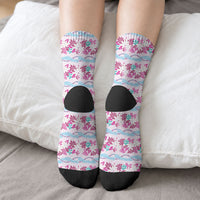 Monstera Tiare Plumeria Lei Pattern Crew Socks Pink Version