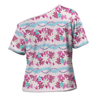 Monstera Tiare Plumeria Lei Pattern Cross Shoulder Shirt Pink Version LT01 - Polynesian Pride