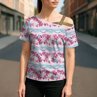 Monstera Tiare Plumeria Lei Pattern Cross Shoulder Shirt Pink Version LT01 - Polynesian Pride