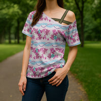 Monstera Tiare Plumeria Lei Pattern Cross Shoulder Shirt Pink Version LT01 - Polynesian Pride