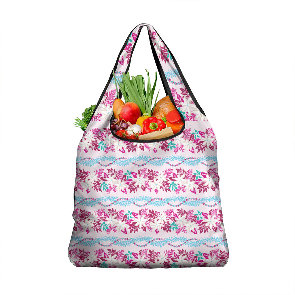 Monstera Tiare Plumeria Lei Pattern Grocery Bag Pink Version