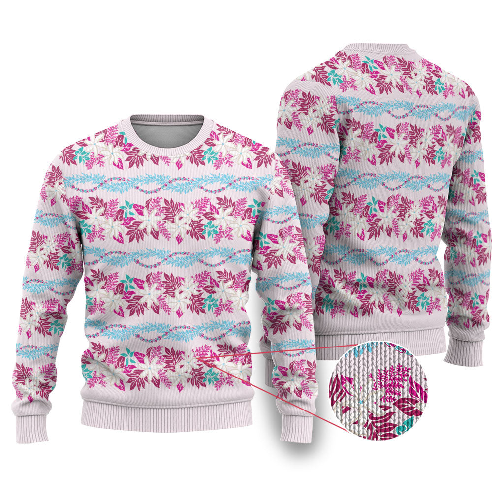 Monstera Tiare Plumeria Lei Pattern Ugly Christmas Sweater Pink Version LT01 Pink - Polynesian Pride