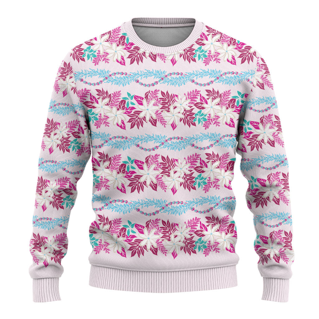 Monstera Tiare Plumeria Lei Pattern Ugly Christmas Sweater Pink Version LT01 - Polynesian Pride