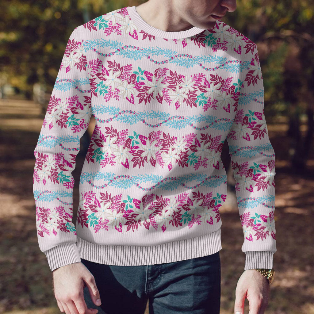 Monstera Tiare Plumeria Lei Pattern Ugly Christmas Sweater Pink Version LT01 - Polynesian Pride