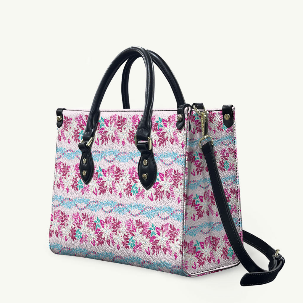 Monstera Tiare Plumeria Lei Pattern Leather Bag Pink Version LT01 Pink - Polynesian Pride