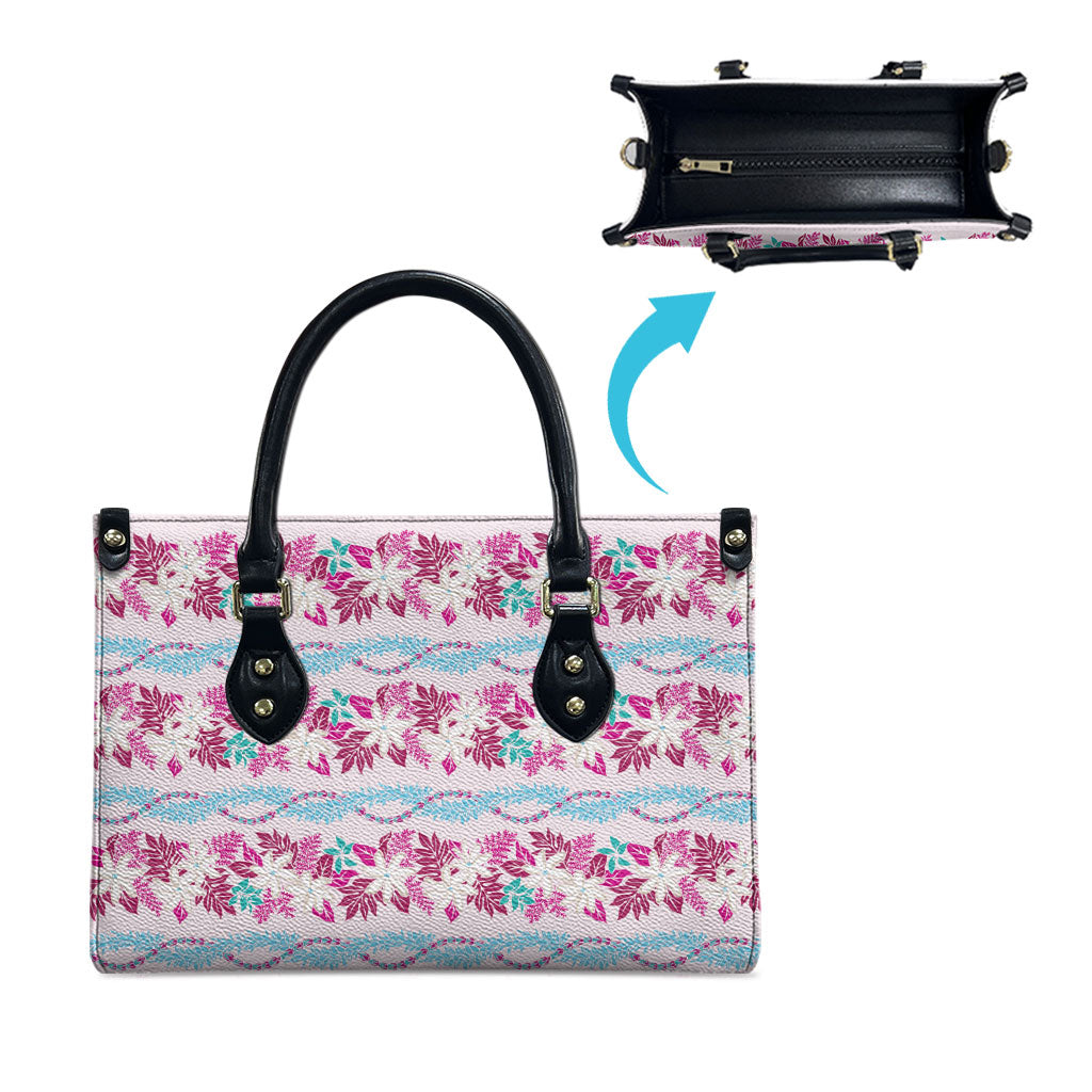 Monstera Tiare Plumeria Lei Pattern Leather Bag Pink Version LT01 - Polynesian Pride