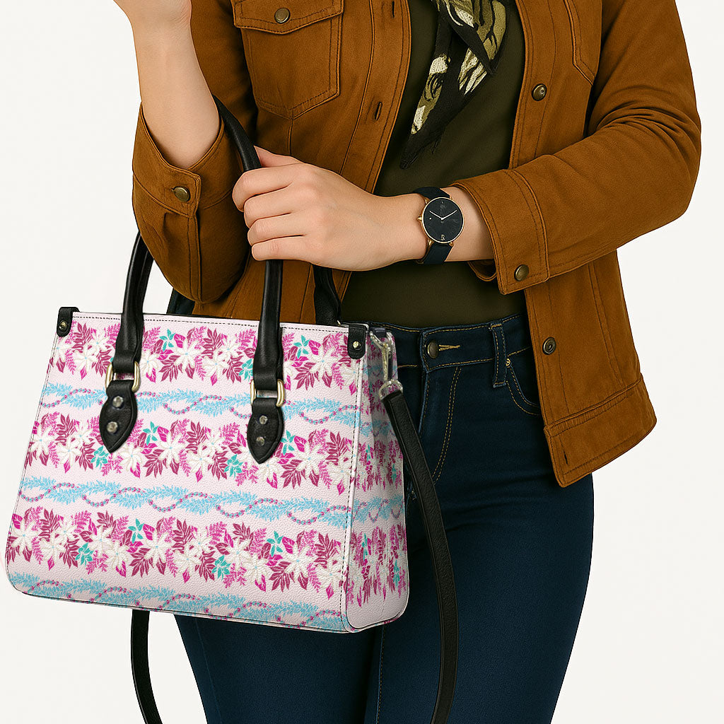 Monstera Tiare Plumeria Lei Pattern Leather Bag Pink Version LT01 - Polynesian Pride